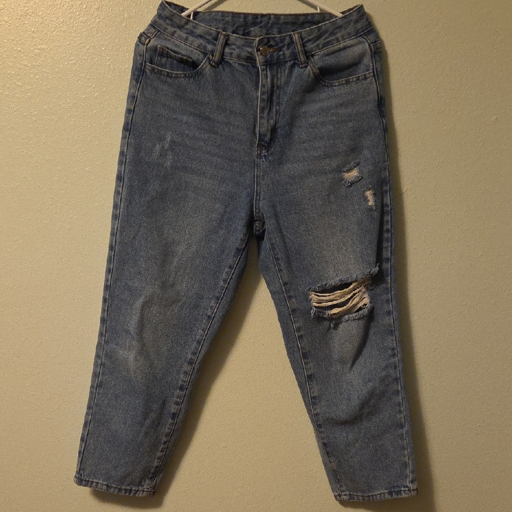 SHEIN Blue Distressed Boyfriend Jeans